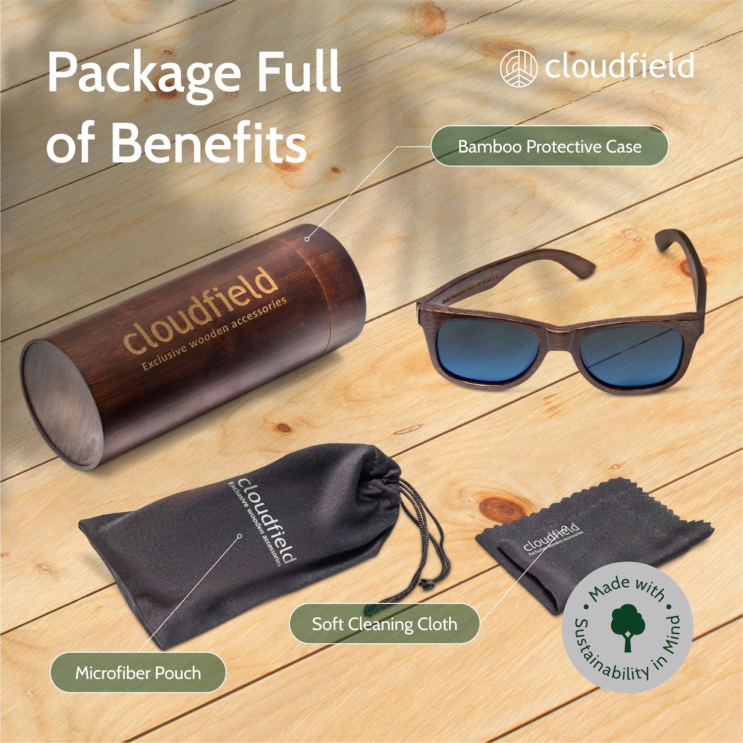 Cloudfield Unisex Polarized Wood Sunglasses - Blue